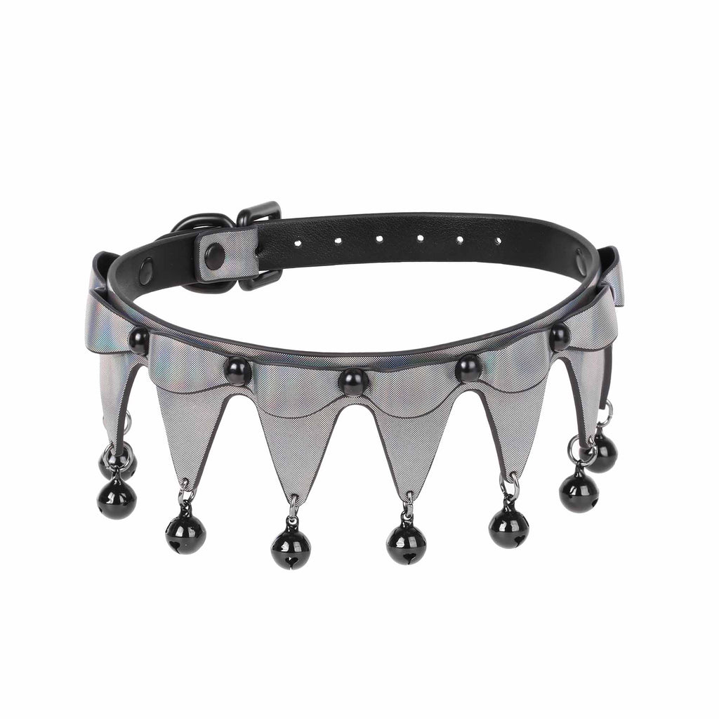 Jester Collar with Bells in Gray Vegan Leather by Fetish Pleasure Play