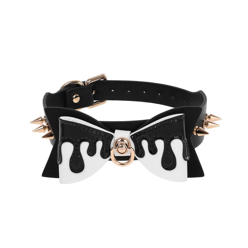 Black Drip Bow Spiked Vegan Leather Collar by Fetish Pleasure Play