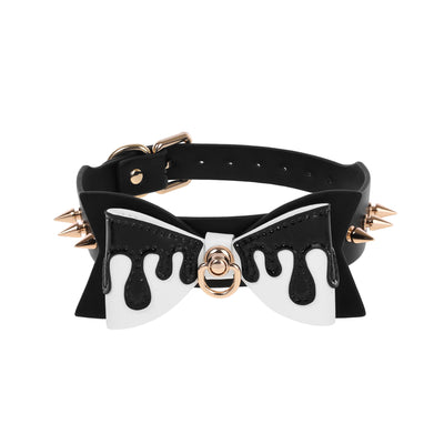 Black Drip Bow Spiked Vegan Leather Collar by Fetish Pleasure Play
