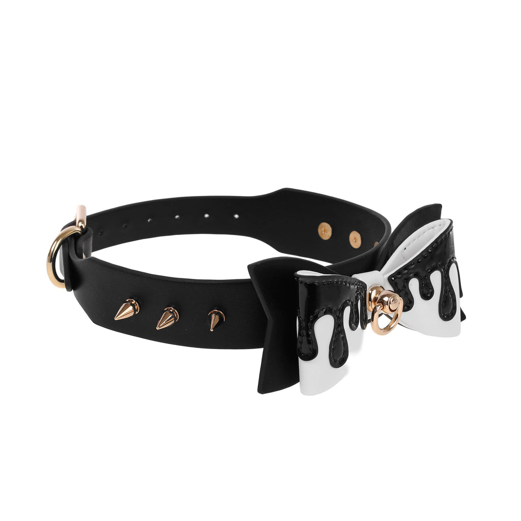 Black Drip Bow Spiked Vegan Leather Collar by Fetish Pleasure Play