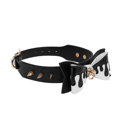 Black Drip Bow Spiked Vegan Leather Collar by Fetish Pleasure Play
