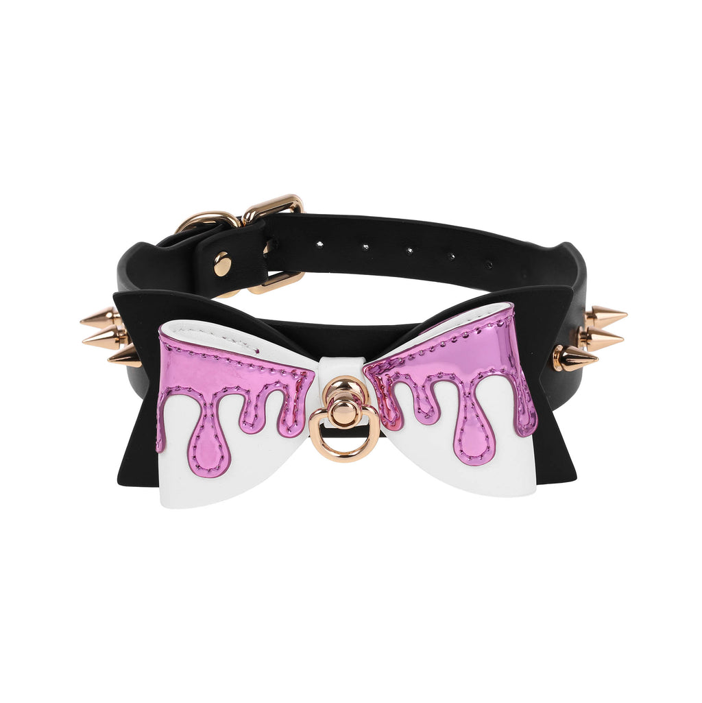 Pink Drip Bow Spiked Vegan Leather Collar by Fetish Pleasure Play