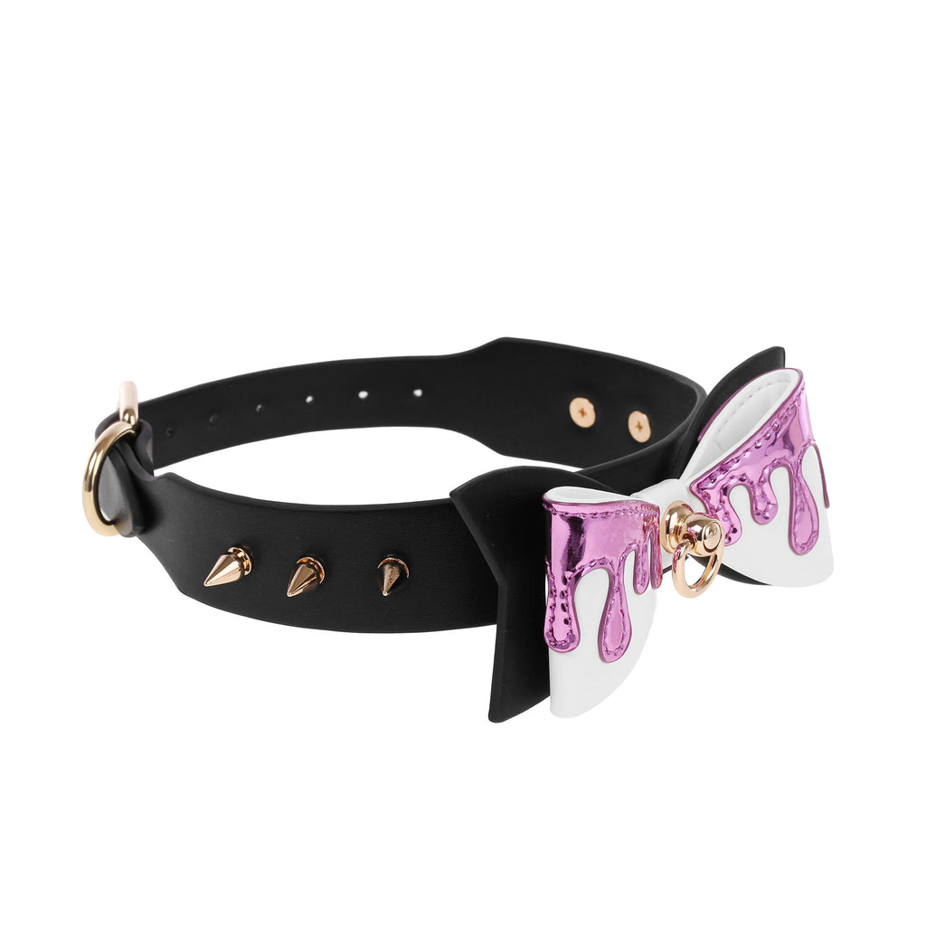 Pink Drip Bow Spiked Vegan Leather Collar by Fetish Pleasure Play