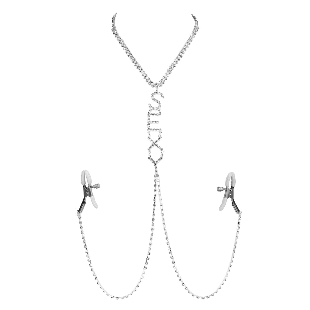 Silver Rhinestone Sexy Nipple Clamp Body Chain Necklace by Fetish Pleasure Play