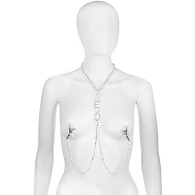 Silver Rhinestone Sexy Nipple Clamp Body Chain Necklace by Fetish Pleasure Play