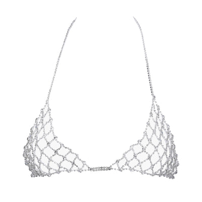A silver rhinestone-embellished fishnet triangle bikini top with thin chain straps, shown against a plain white background.