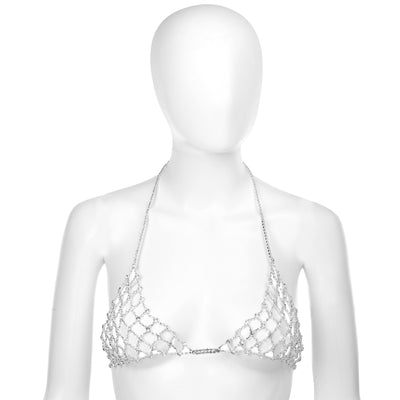 A silver rhinestone halter triangle bikini top displayed on a white mannequin torso against a plain white background.