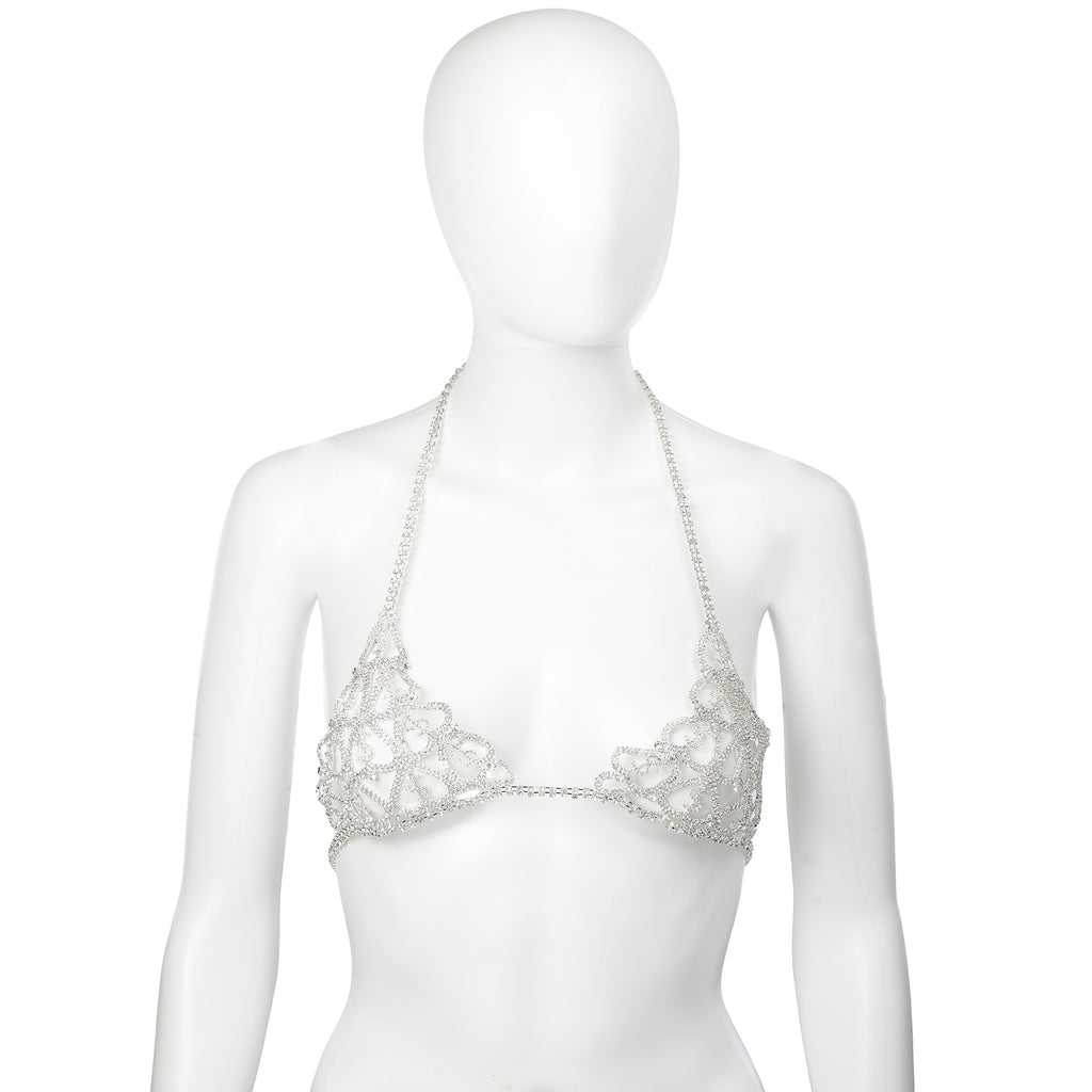 Silver Rhinestone Dollar Sign Body Chain Jewelry Bra by Fetish Pleasure Play
