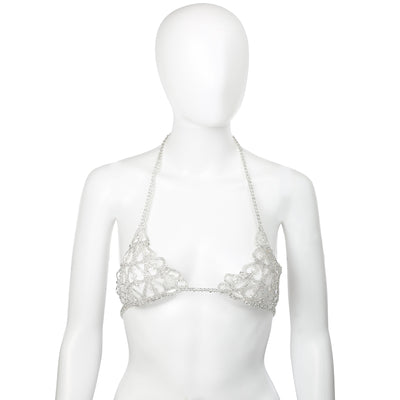 A white beaded halter bikini top displayed on a white mannequin torso against a plain white background.