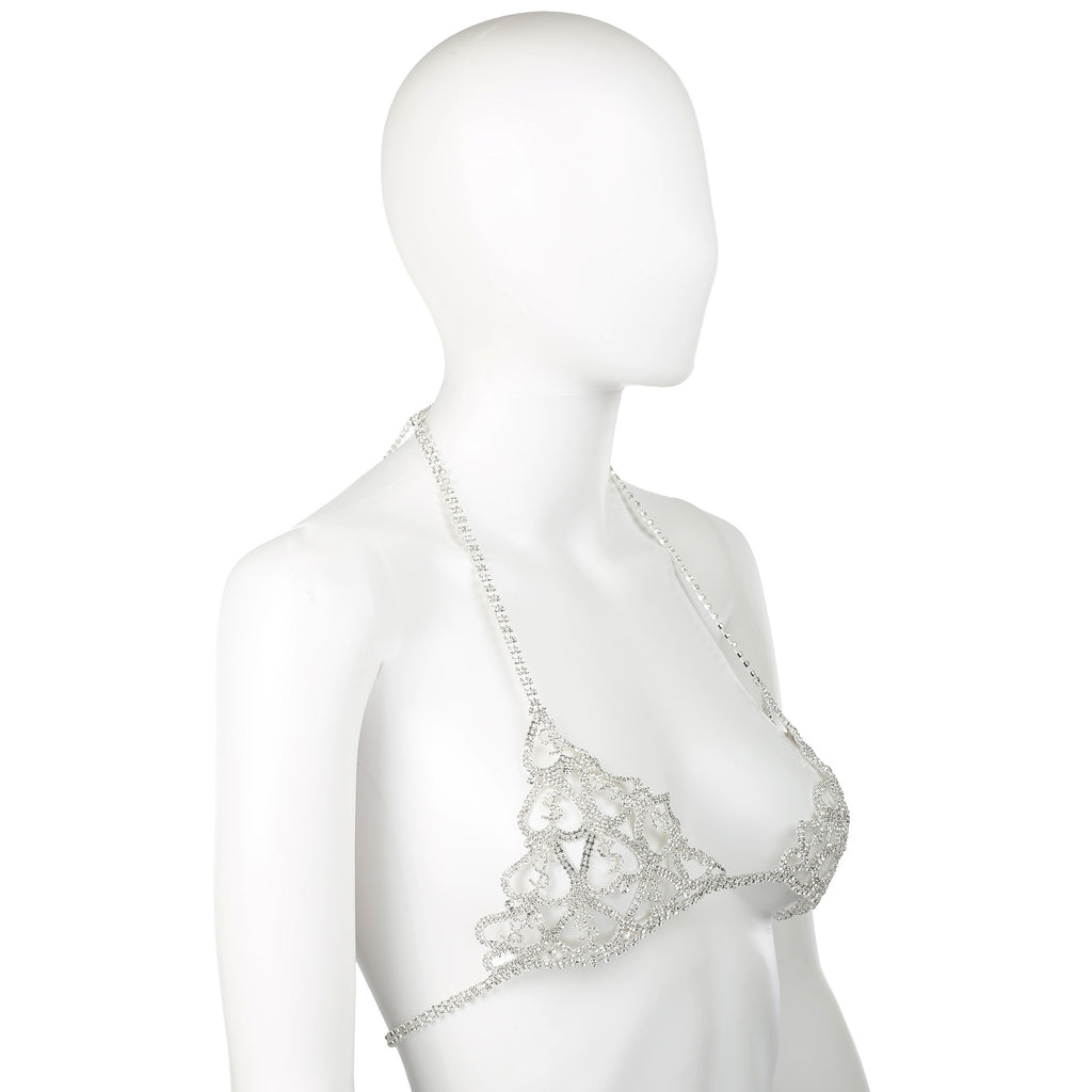 Silver Rhinestone Dollar Sign Body Chain Jewelry Bra by Fetish Pleasure Play