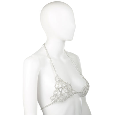 A silver rhinestone and lace halter bralette displayed on a white mannequin torso against a plain white background.