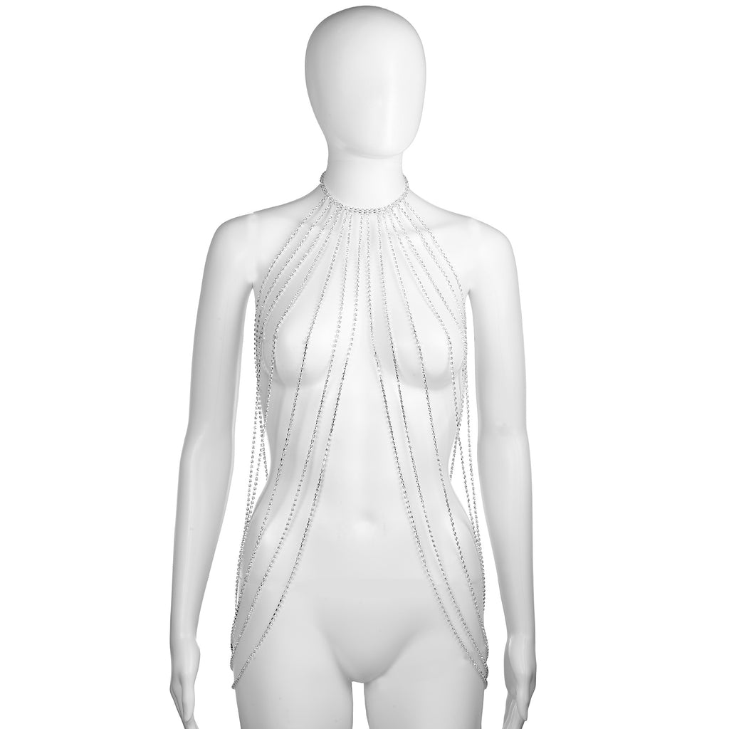 Silver Rhinestone Cascading Body Chain Draped Body Jewelry