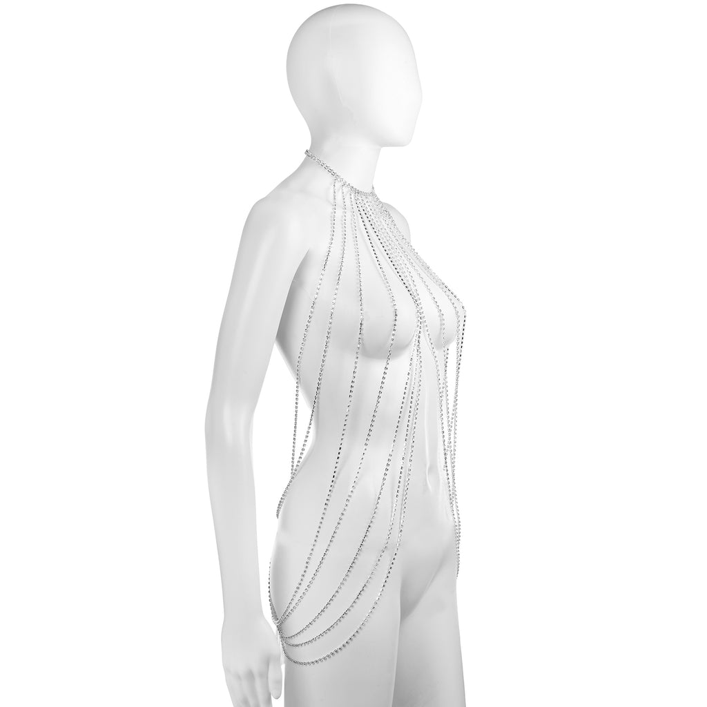 Silver Rhinestone Cascading Body Chain Draped Body Jewelry