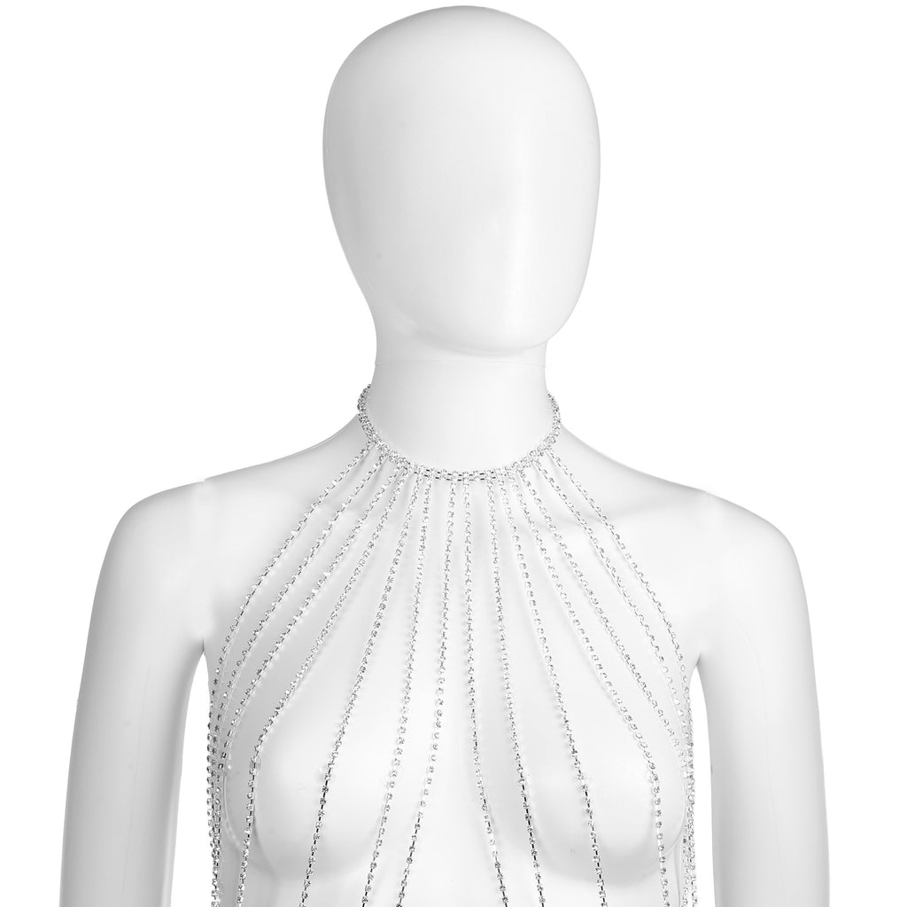 Silver Rhinestone Cascading Body Chain Draped Body Jewelry