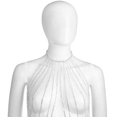A silver chain halter-style necklace with multiple dangling chain strands, displayed on a white mannequin torso against a plain white background.