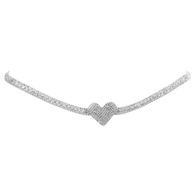 A silver-toned pave-set belly chain featuring a central heart-shaped pavé centerpiece, set against a solid white background.