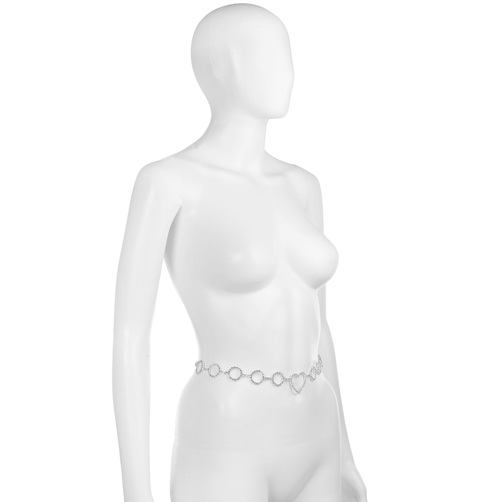 Silver Rhinestone Heart Waist Belly Body Chain Belt