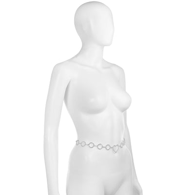A silver chain belt with interlocking circular and heart-shaped links, shown on a white female mannequin torso against a plain white background.