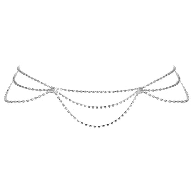 A silver-toned multi-strand rhinestone waist chain with delicate draped chains and small clear rhinestone accents, shown against a plain white background.