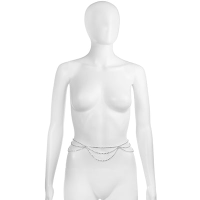 A white female mannequin torso wearing a silver chain waist chain with draped chains at the hips, shown against a plain white background.