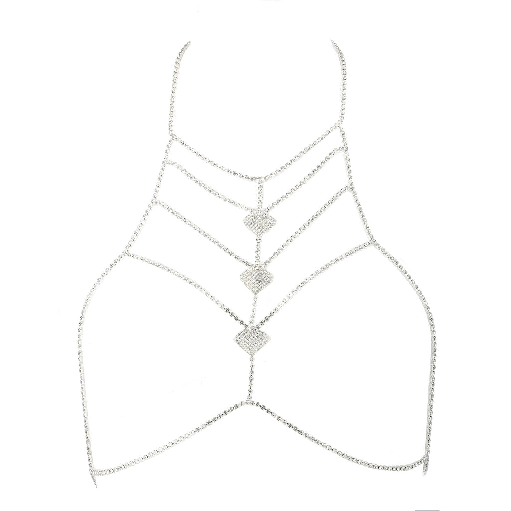 Silver Heart Rhinestone Chest Chain Bralette Body Jewelry
