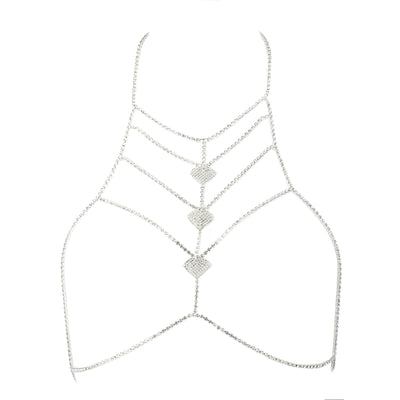 Silver Heart Rhinestone Chest Chain Bralette Body Jewelry