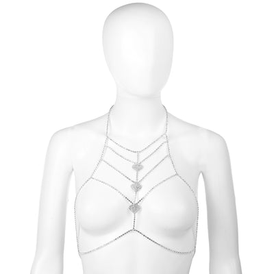 Silver Heart Rhinestone Chest Chain Bralette Body Jewelry