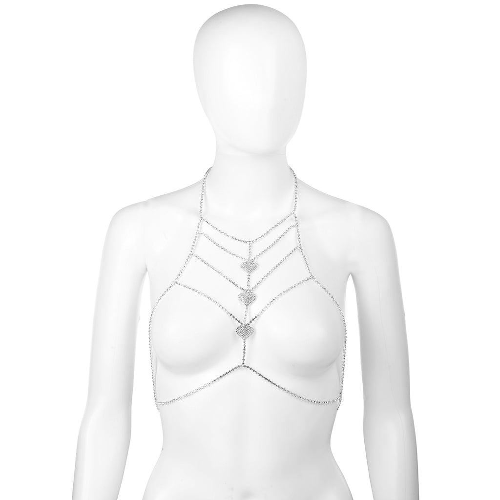 Silver Heart Rhinestone Chest Chain Bralette Body Jewelry