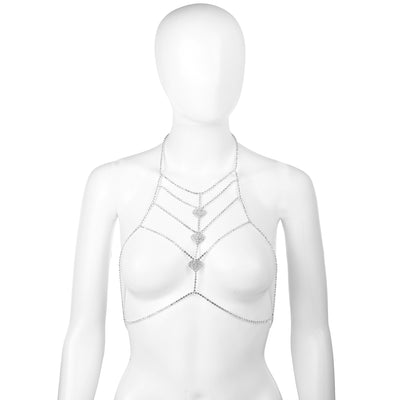 Silver Heart Rhinestone Chest Chain Bralette Body Jewelry