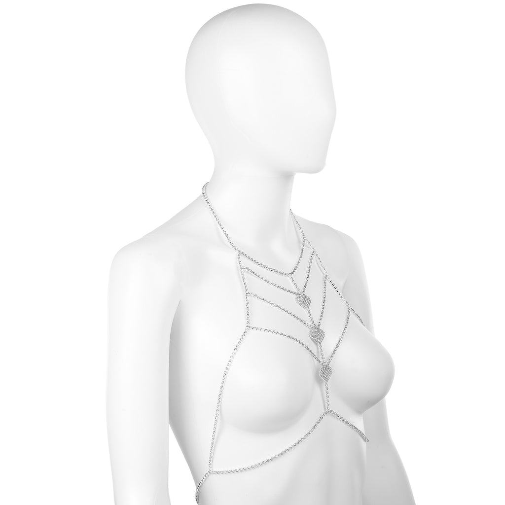 Silver Heart Rhinestone Chest Chain Bralette Body Jewelry