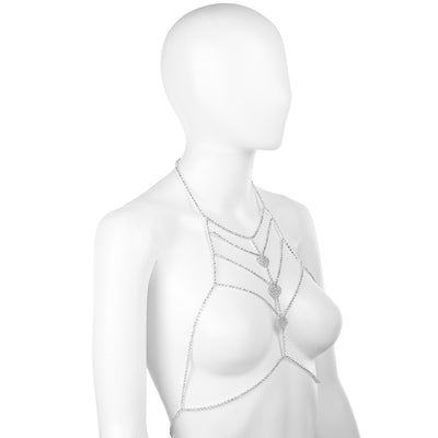 Silver Heart Rhinestone Chest Chain Bralette Body Jewelry