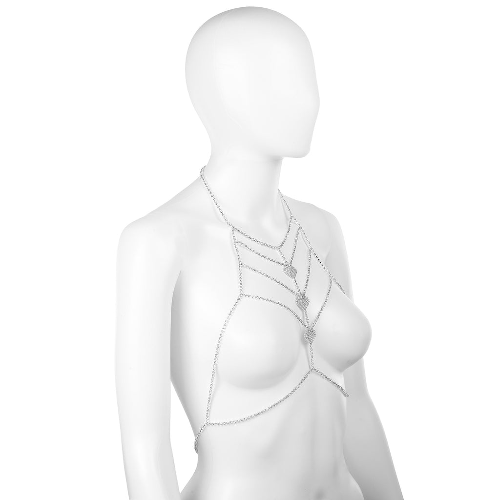 Silver Heart Rhinestone Chest Chain Bralette Body Jewelry