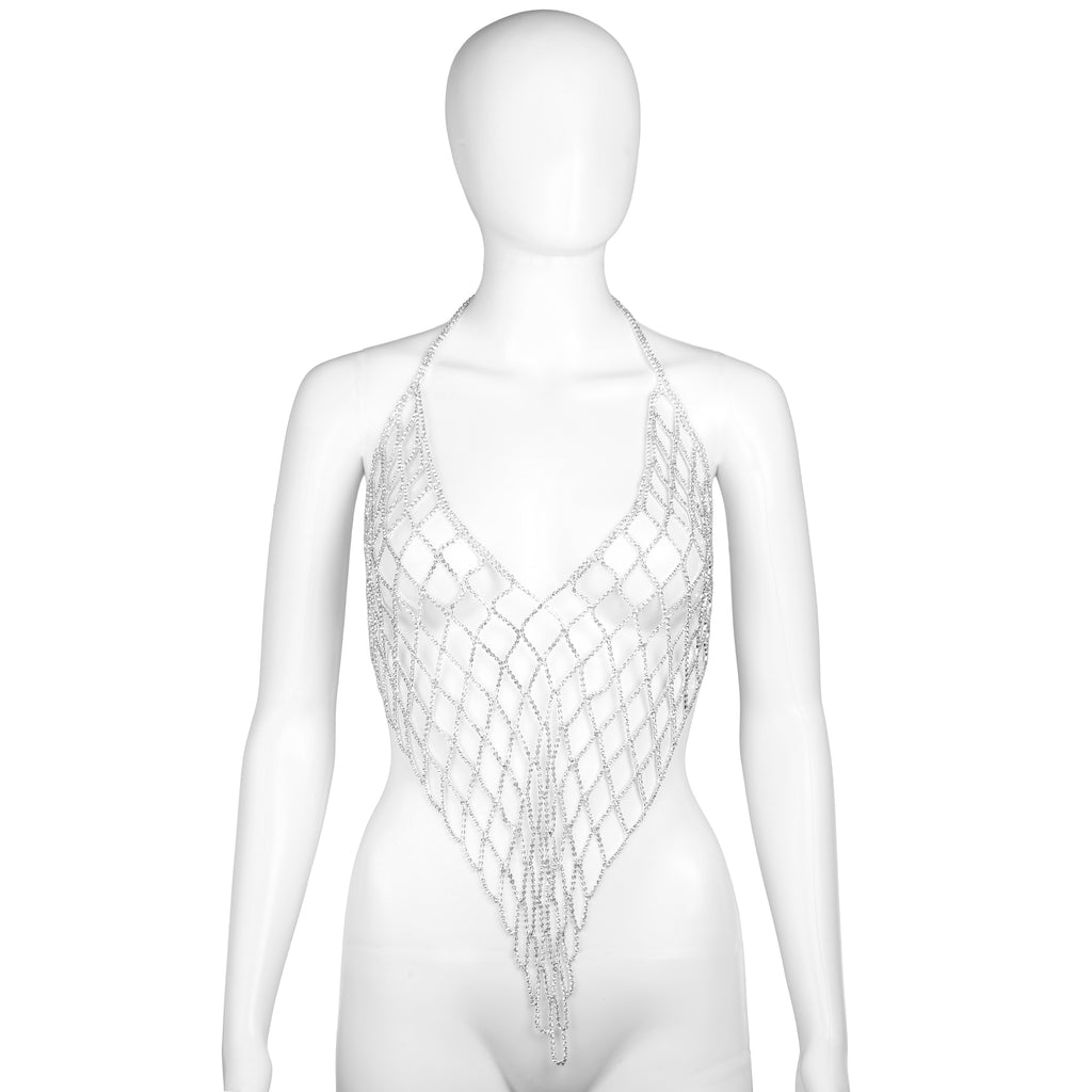 Silver Rhinestone Mesh Halter Body Chain Bra Top