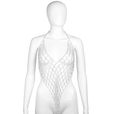 Silver Rhinestone Mesh Halter Body Chain Bra Top on mannequin - front