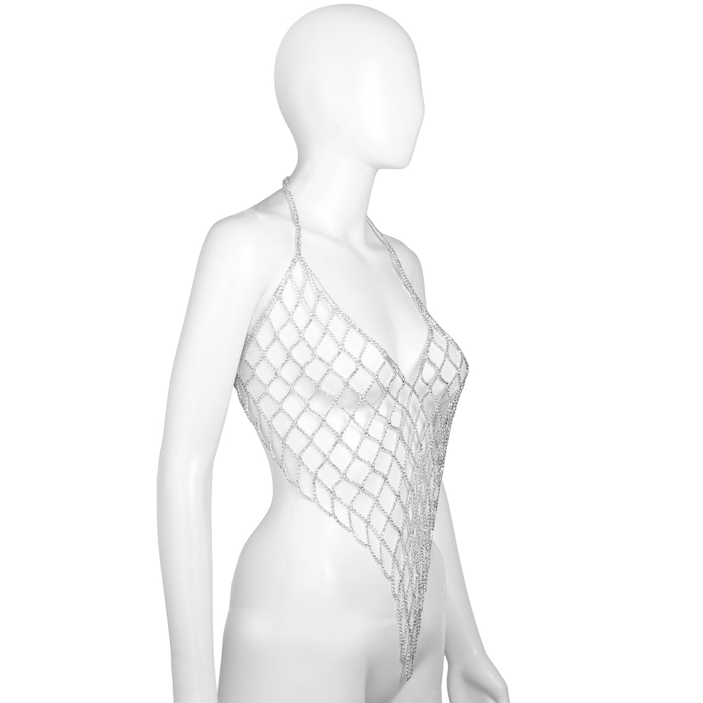 Silver Rhinestone Mesh Halter Body Chain Bra Top