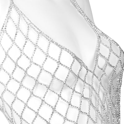 Silver Rhinestone Mesh Halter Body Chain Bra Top - close up