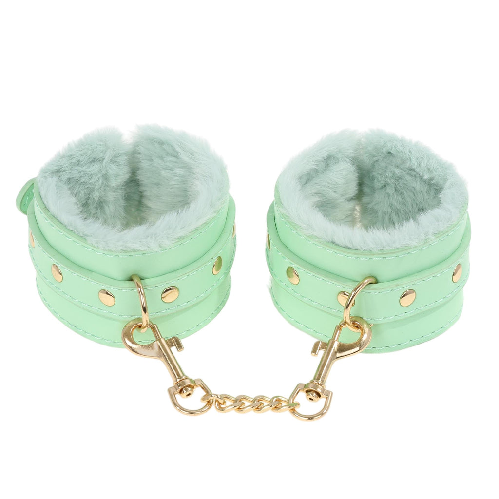 Aqua Fluffy Wrist Cuffs with Gold Chain by Fetish Pleasure Play