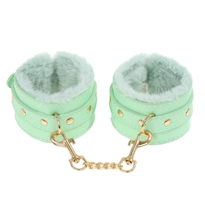 Aqua Fluffy Wrist Cuffs with Gold Chain by Fetish Pleasure Play