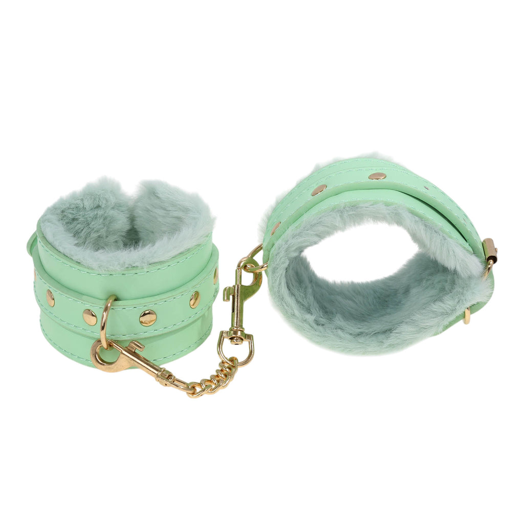 Aqua Fluffy Wrist Cuffs with Gold Chain by Fetish Pleasure Play