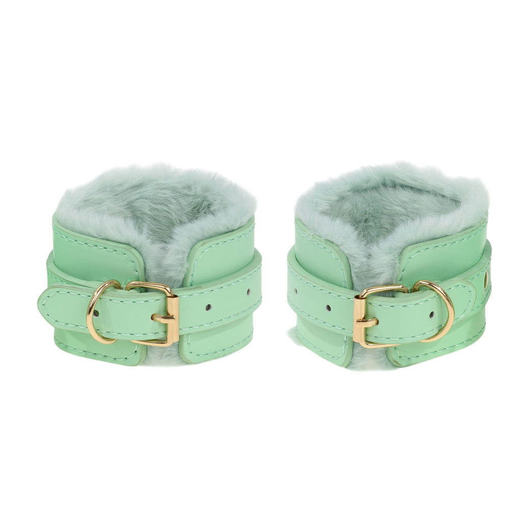 Aqua Fluffy Wrist Cuffs with Gold Chain by Fetish Pleasure Play
