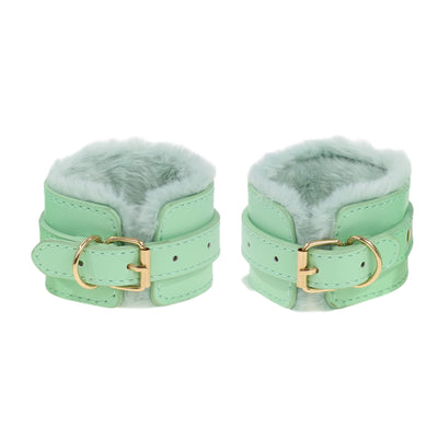 Aqua Fluffy Wrist Cuffs with Gold Chain by Fetish Pleasure Play