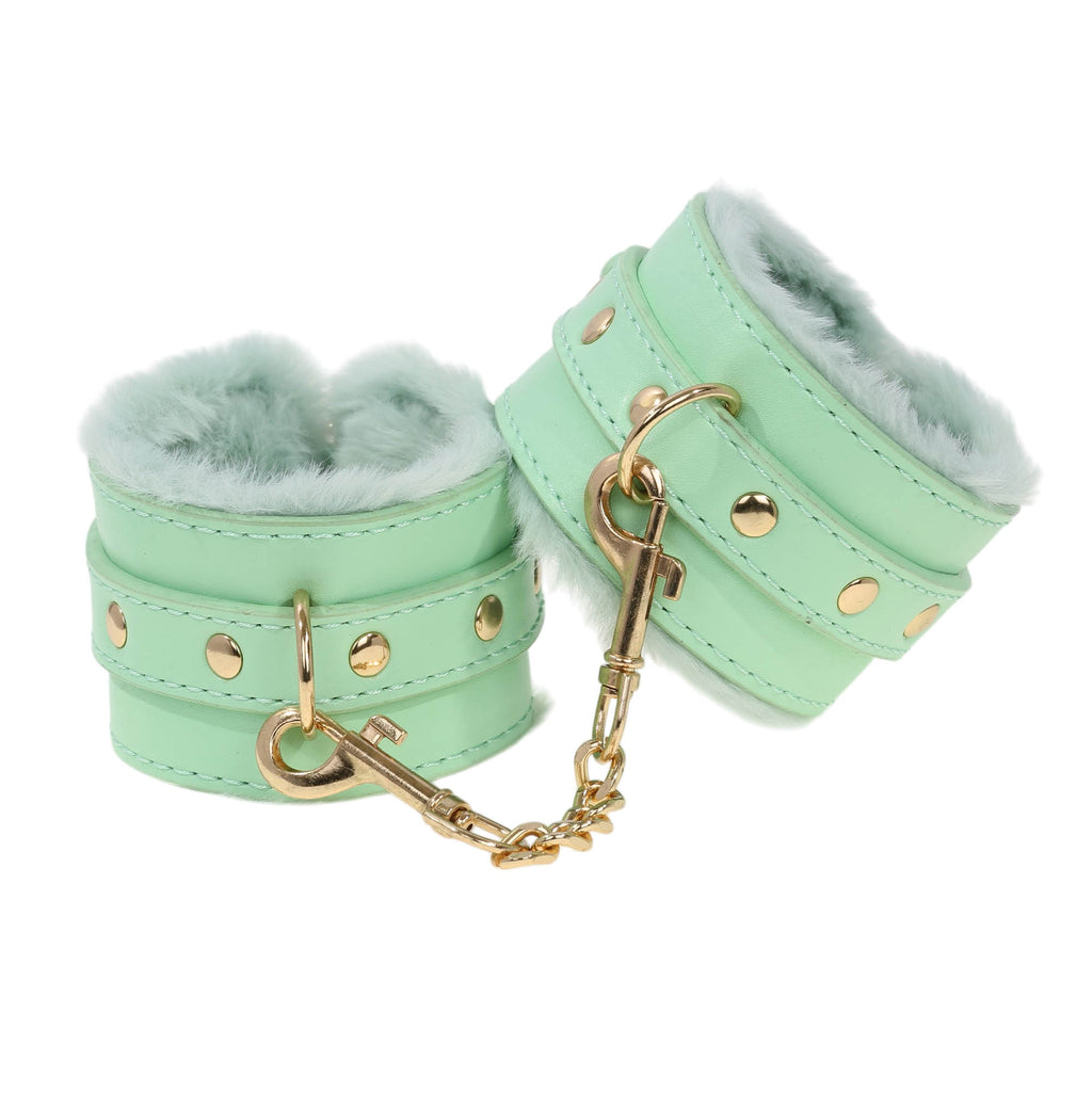 Aqua Fluffy Wrist Cuffs with Gold Chain by Fetish Pleasure Play
