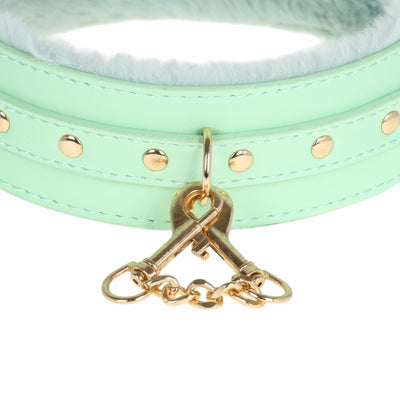 Aqua Fluffy Wrist Cuffs with Gold Chain by Fetish Pleasure Play