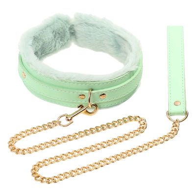 Aqua Fluffy Collar & Gold Chain Leash by Fetish Pleasure Play