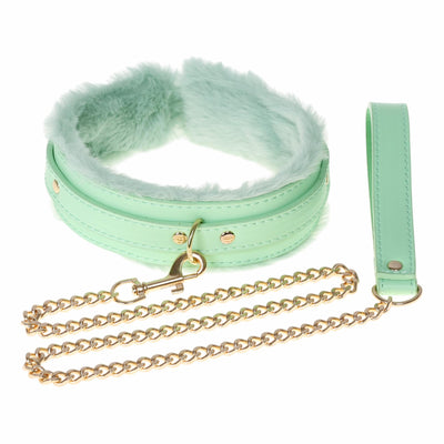 Aqua Fluffy Collar & Gold Chain Leash by Fetish Pleasure Play