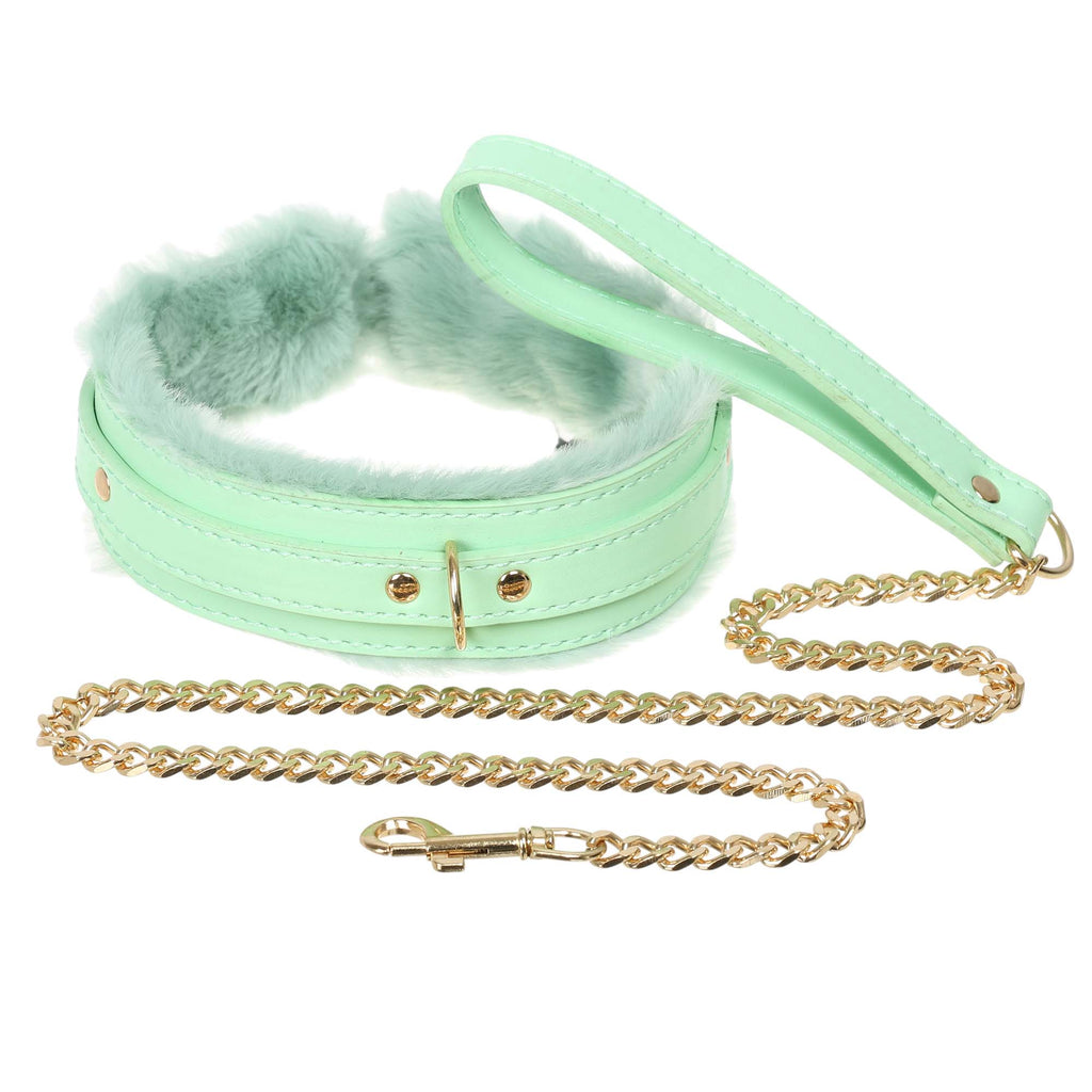 Aqua Fluffy Collar & Gold Chain Leash by Fetish Pleasure Play
