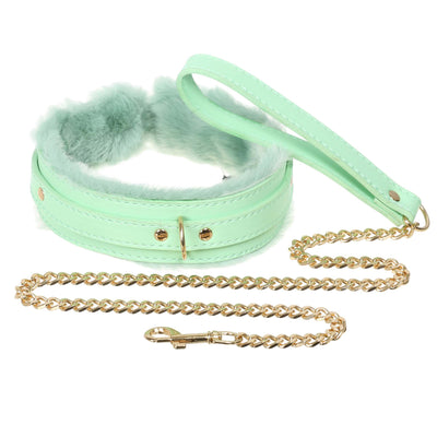Aqua Fluffy Collar & Gold Chain Leash by Fetish Pleasure Play