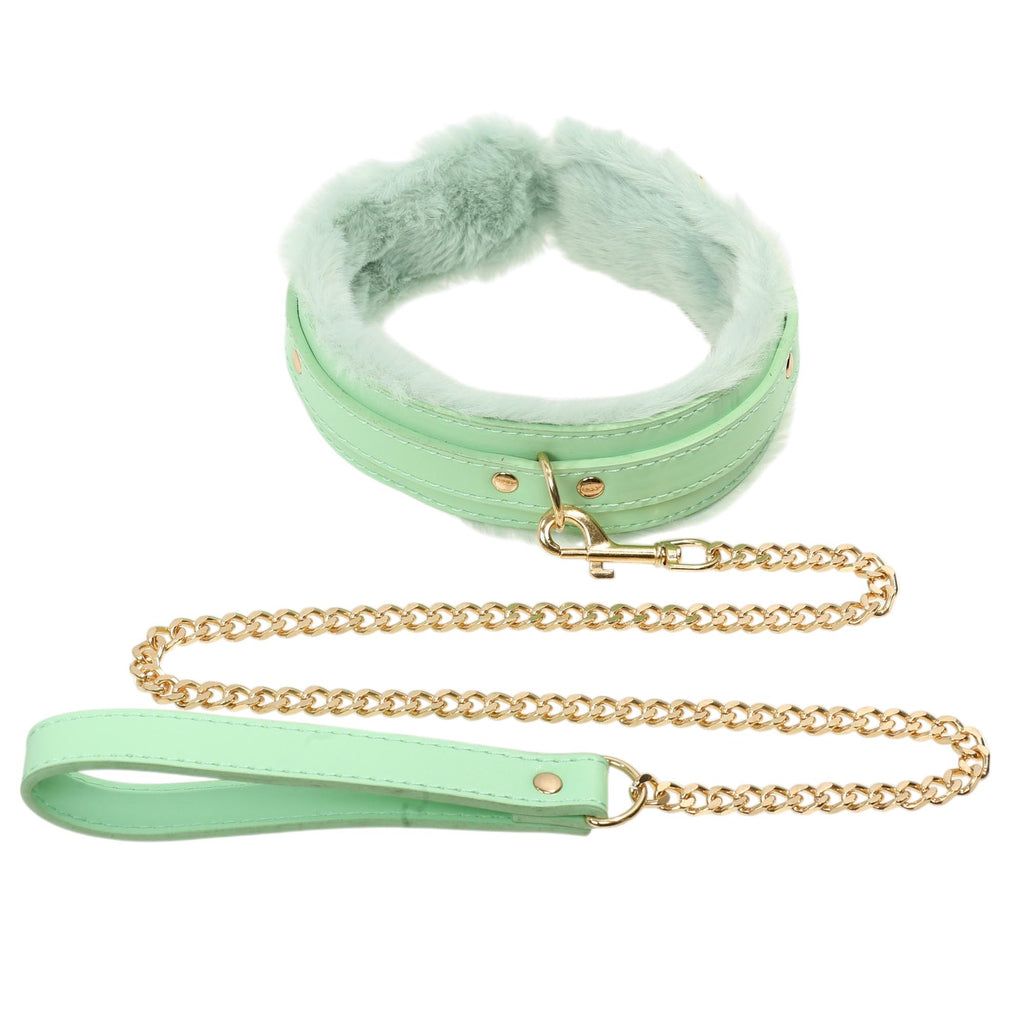 Aqua Fluffy Collar & Gold Chain Leash by Fetish Pleasure Play