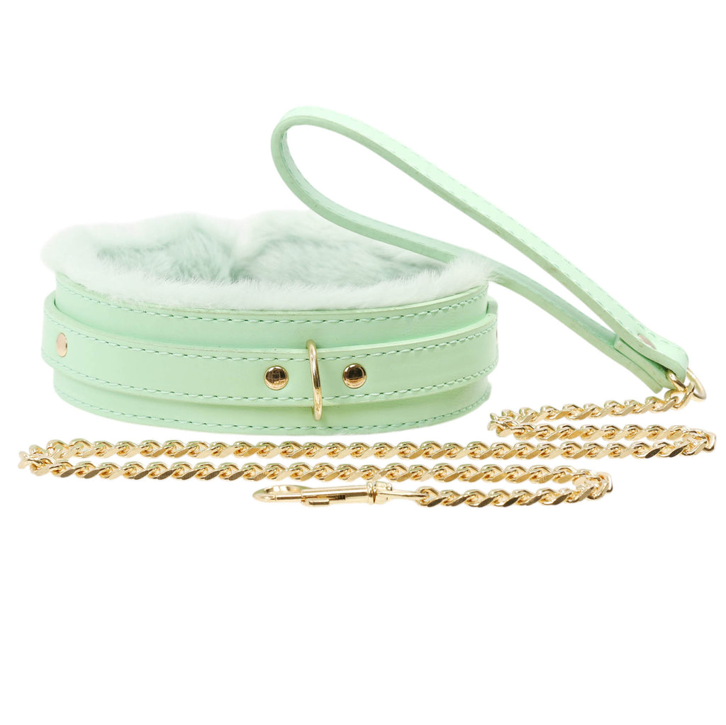 Aqua Fluffy Collar & Gold Chain Leash by Fetish Pleasure Play