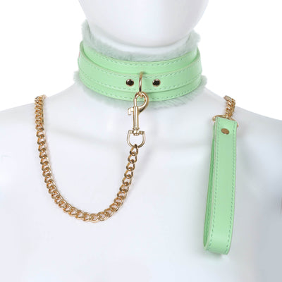 Aqua Fluffy Collar & Gold Chain Leash by Fetish Pleasure Play